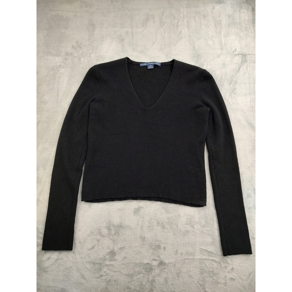 Ralph Lauren Sport Black Ribbed V Neck Long Sleeve Wool Sweater Size L